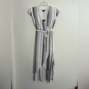 Madison Asymmetrical Faux Wrap Striped Dress - Gray and White NWT